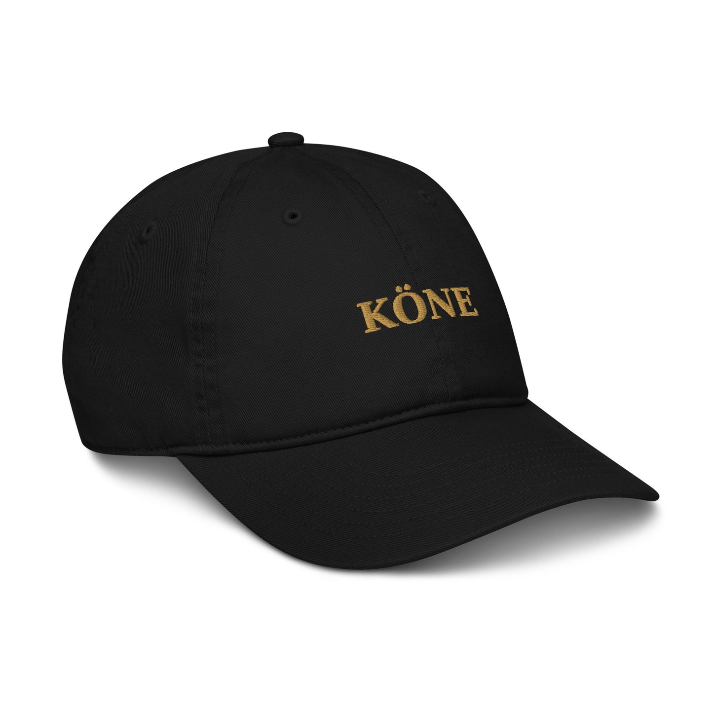 Gorra KÖNE negra de algodón orgánico con logo bordado dorado