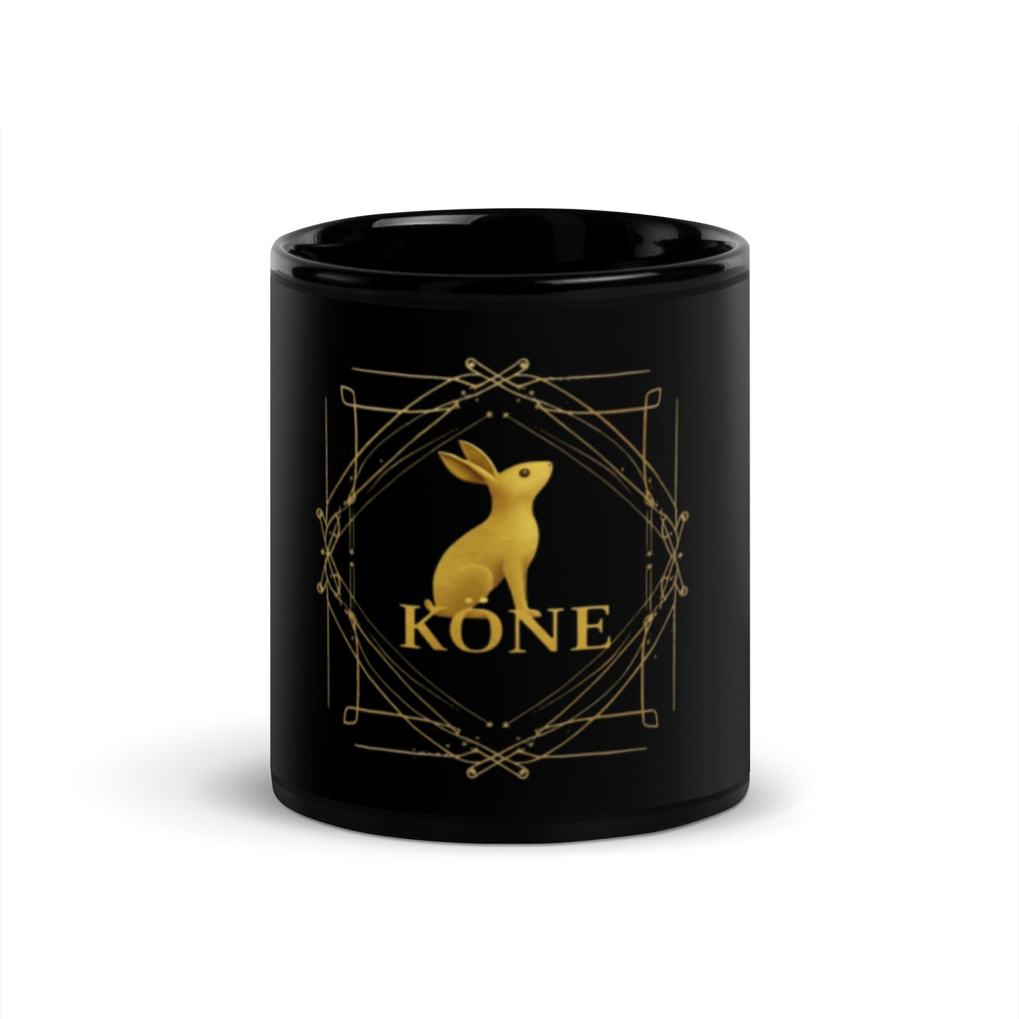 Taza negra de cerámica KÖNE con logo dorado sobre fondo negro.