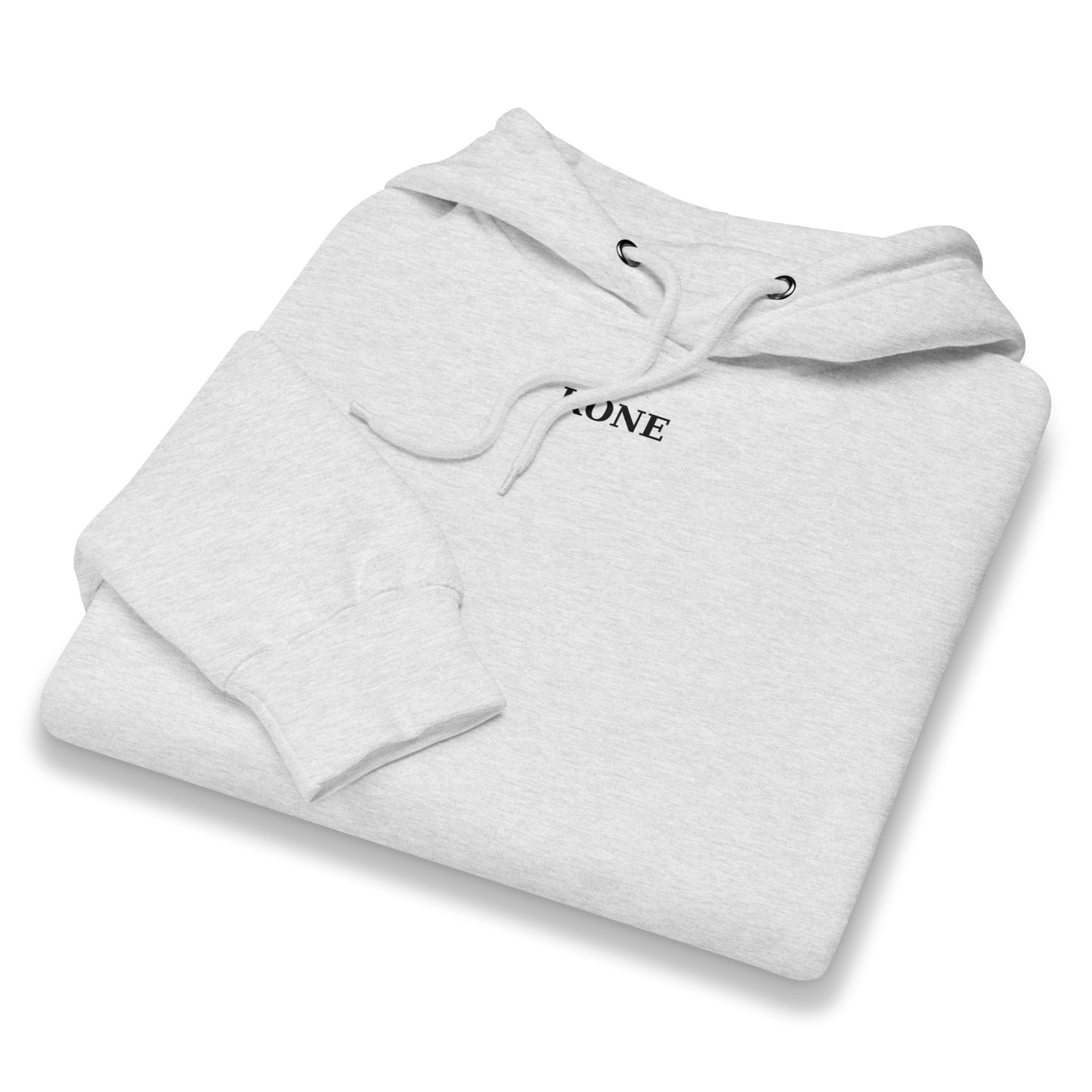 Vista frontal de la sudadera KÖNE premium heather-grey con logo bordado.