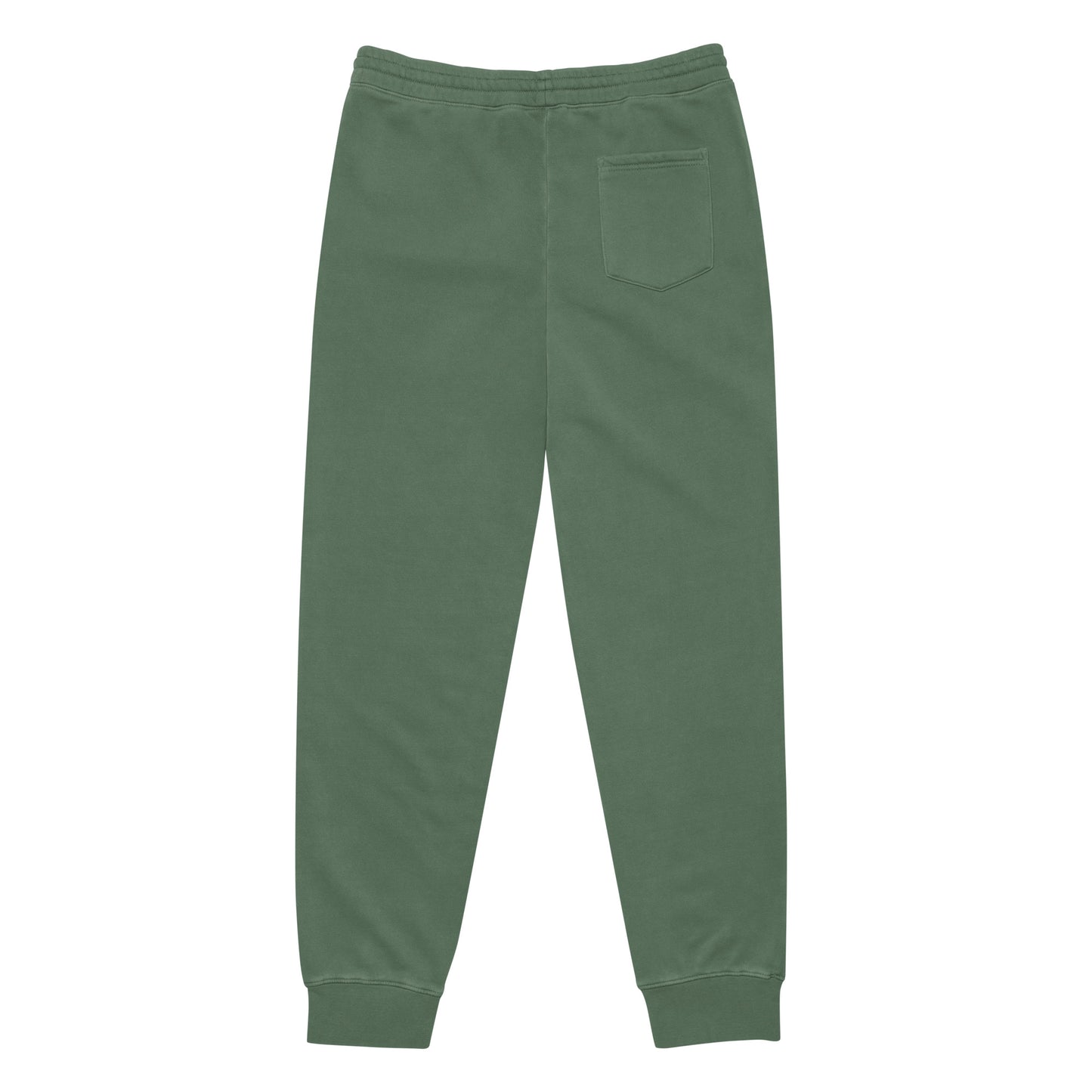 Pantalón KÖNE verde lavado de algodón con logo bordado y puños acanalados, vista frontal sobre fondo neutro